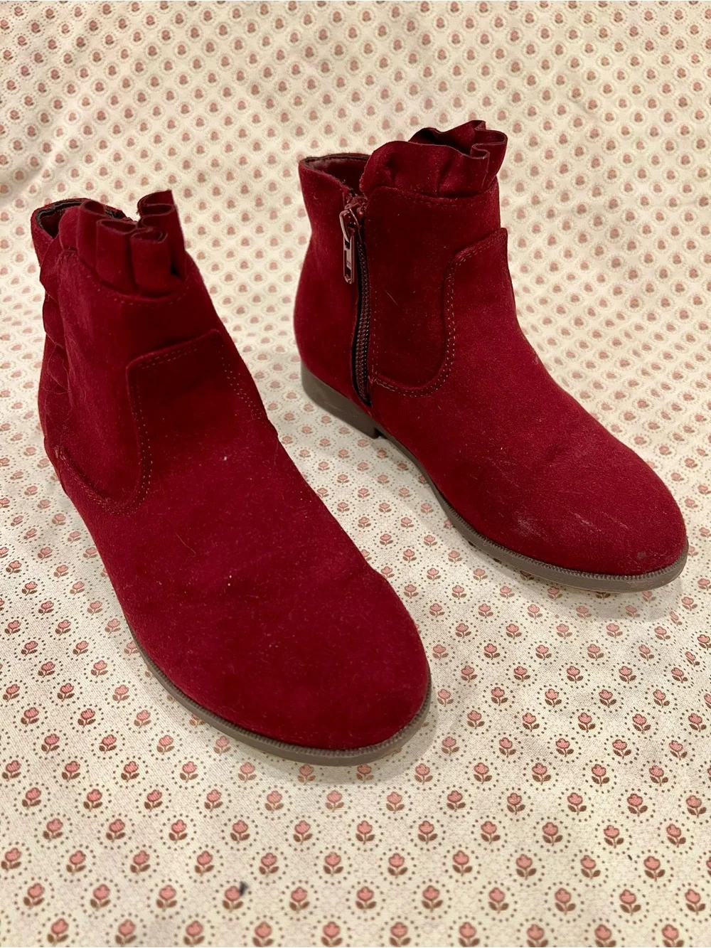 H&M Girl Burgundy Suede Ankle Boots - Stylish Ruffle Top. Size 12